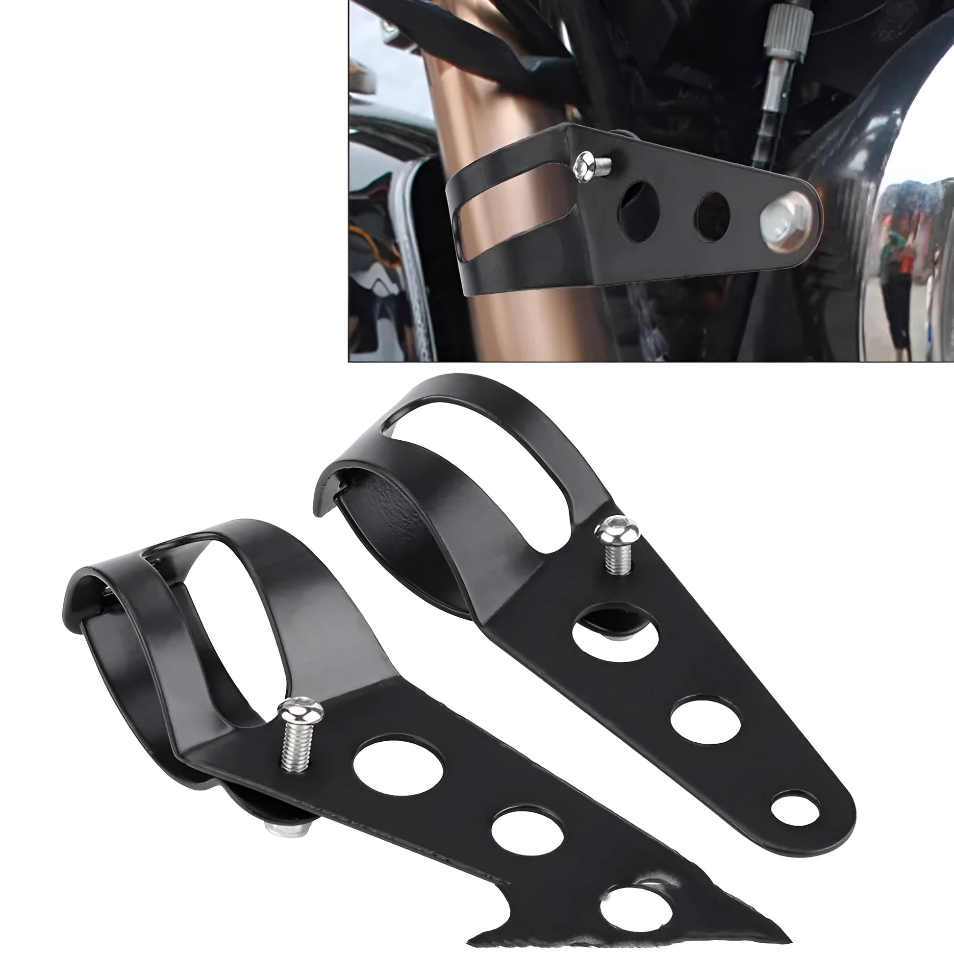 Black iron motorcycle headlamp support bracket pair for fork tube mounting