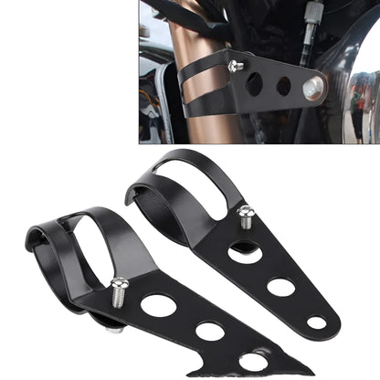 Black iron motorcycle headlamp support bracket pair for fork tube mounting
