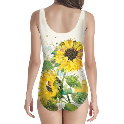 Women's sleeveless one-piece swimsuit with 3D printed sunflower pattern, available in sizes S to XL