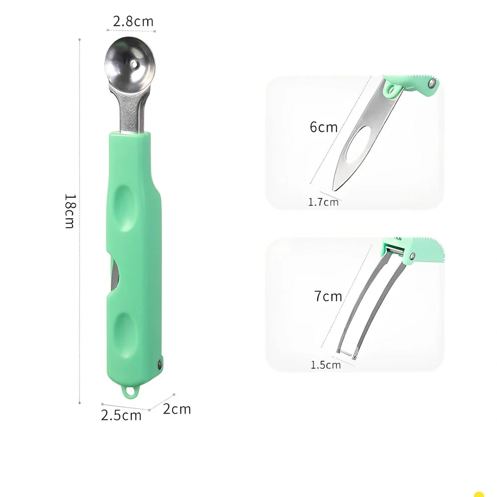 Three-in-one stainless steel watermelon ball digger in grass green, 24cm long with hidden knife and 10cm scoop for fruit slicing