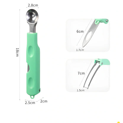 Three-in-one stainless steel watermelon ball digger in grass green, 24cm long with hidden knife and 10cm scoop for fruit slicing