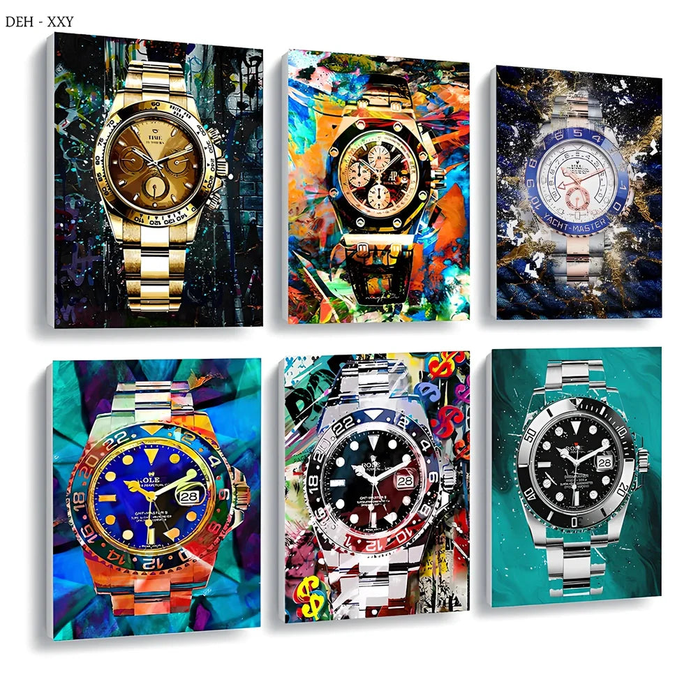 Spray-painted watch graffiti canvas art on oil painting cloth with white border