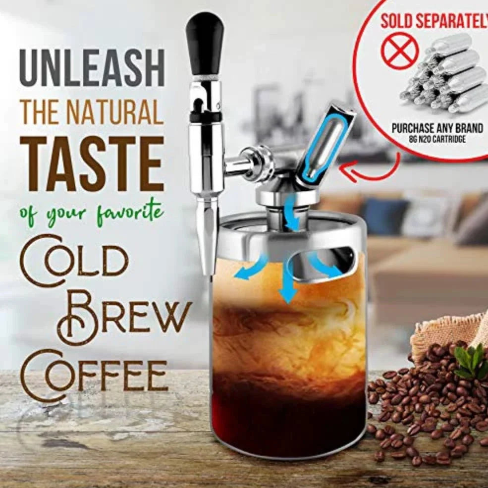 Stainless steel nitrogen coffee barrel with manual infusion system and natural finish