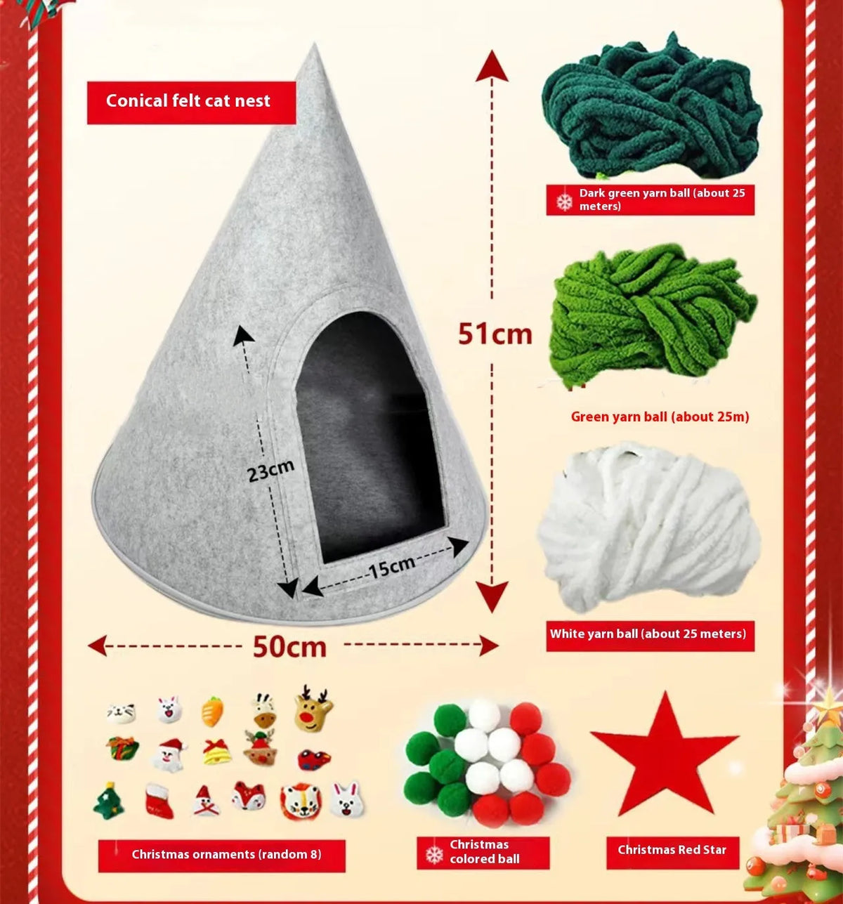 Grey felt cone-shaped cat house with tent design for indoor pets