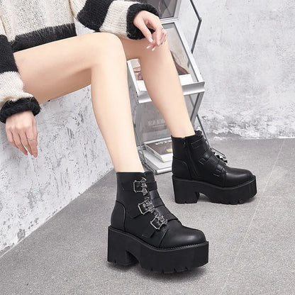 Black Harajuku punk bat buckle gothic short boots with side zipper, thick heel, and round toe