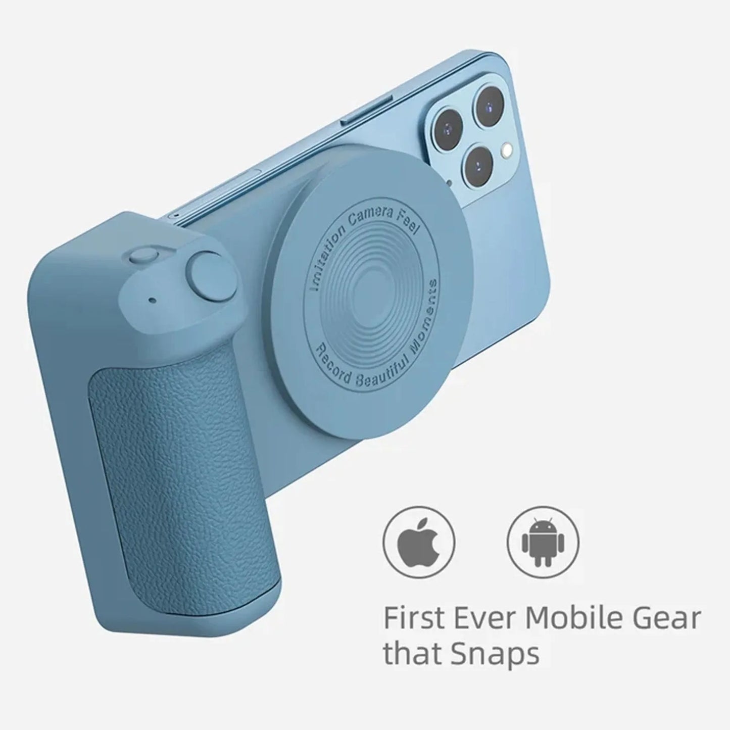 Black magnetic phone camera grip holder with rotatable stand on a table next to a smartphone.