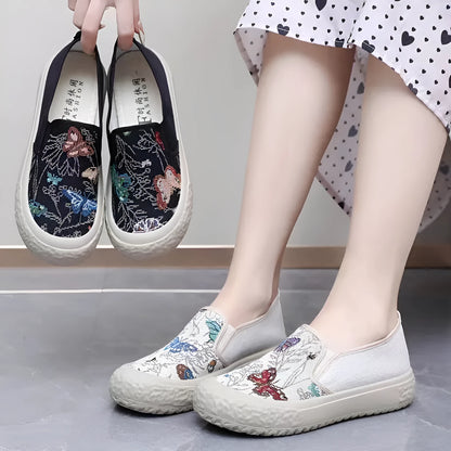 Women's classic canvas slip-on shoes with plastic soles in black and white colour options