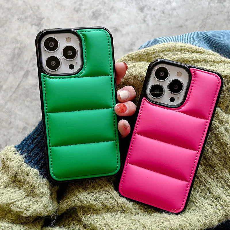 Candy down jacket shape IPhone case in selected colour showing TPU and PC construction
