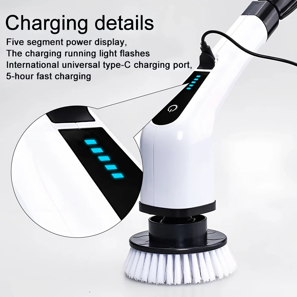 White 7-in-1 electric cleaning brush with telescopic rod and multiple brush heads for kitchen surfaces