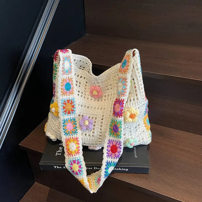 Woven polyester shoulder bag showing hollow knitting texture and single 41cm strap in neutral colour