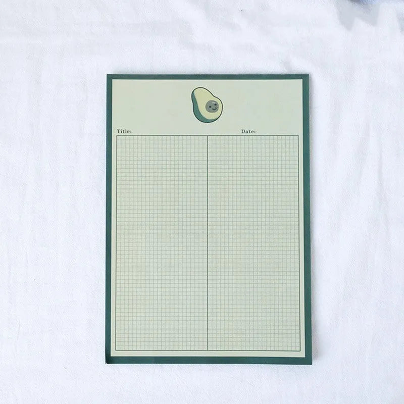 Cartoon sticky note pad in avocado or bear design, showing large and small size options next to a pen.