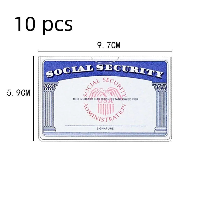 Clear PVC waterproof social security card holder showing size compared to a credit card.