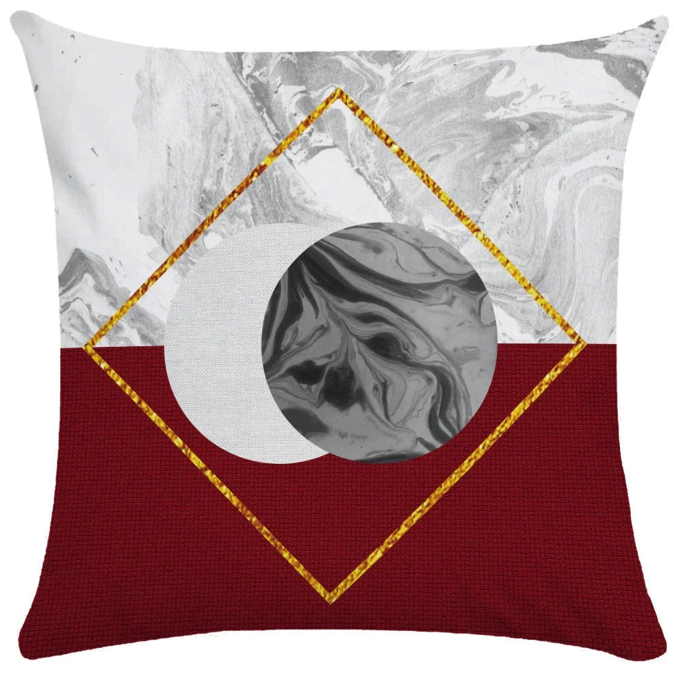 Geometric pattern throw pillow on office sofa showing 45x45cm size with plush fabric texture