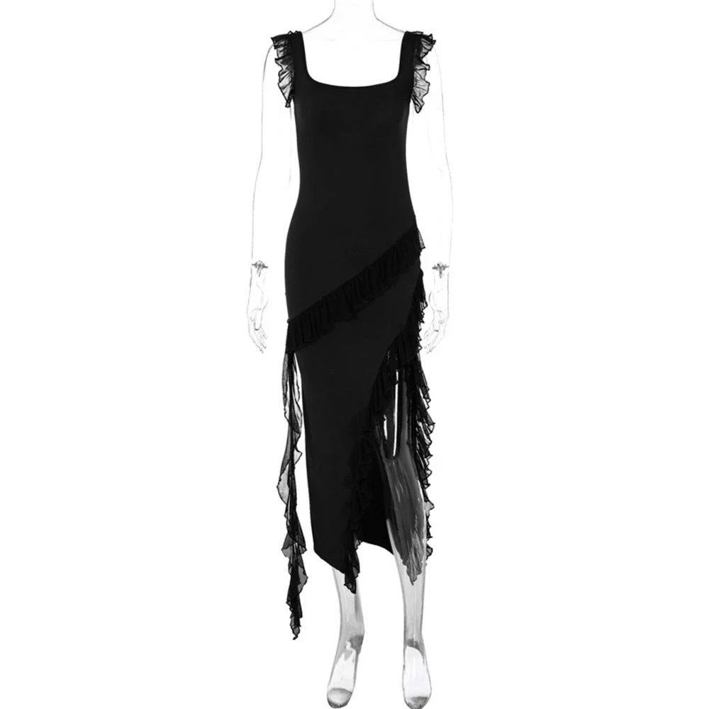 Chic spaghetti strap maxi dress with thigh-high slit in various colors