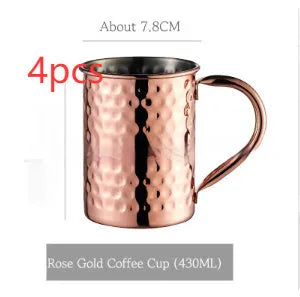 Stainless steel Moscow Mule cup with copper interior in gold, rose gold, silver, or black finish.