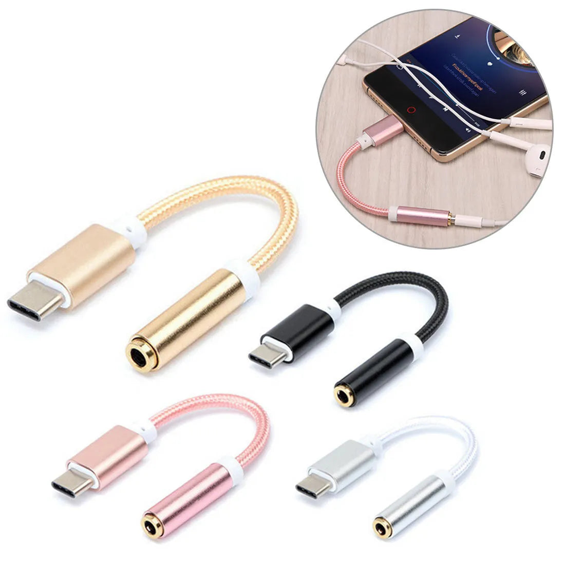 Weaving Type-C to 3.5mm audio adapter cable in four colour options showing connectors and nylon-braided 12cm cable