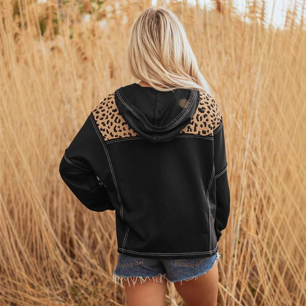 Brown leopard print women's V-neck long sleeve polyester sweater with loose fit