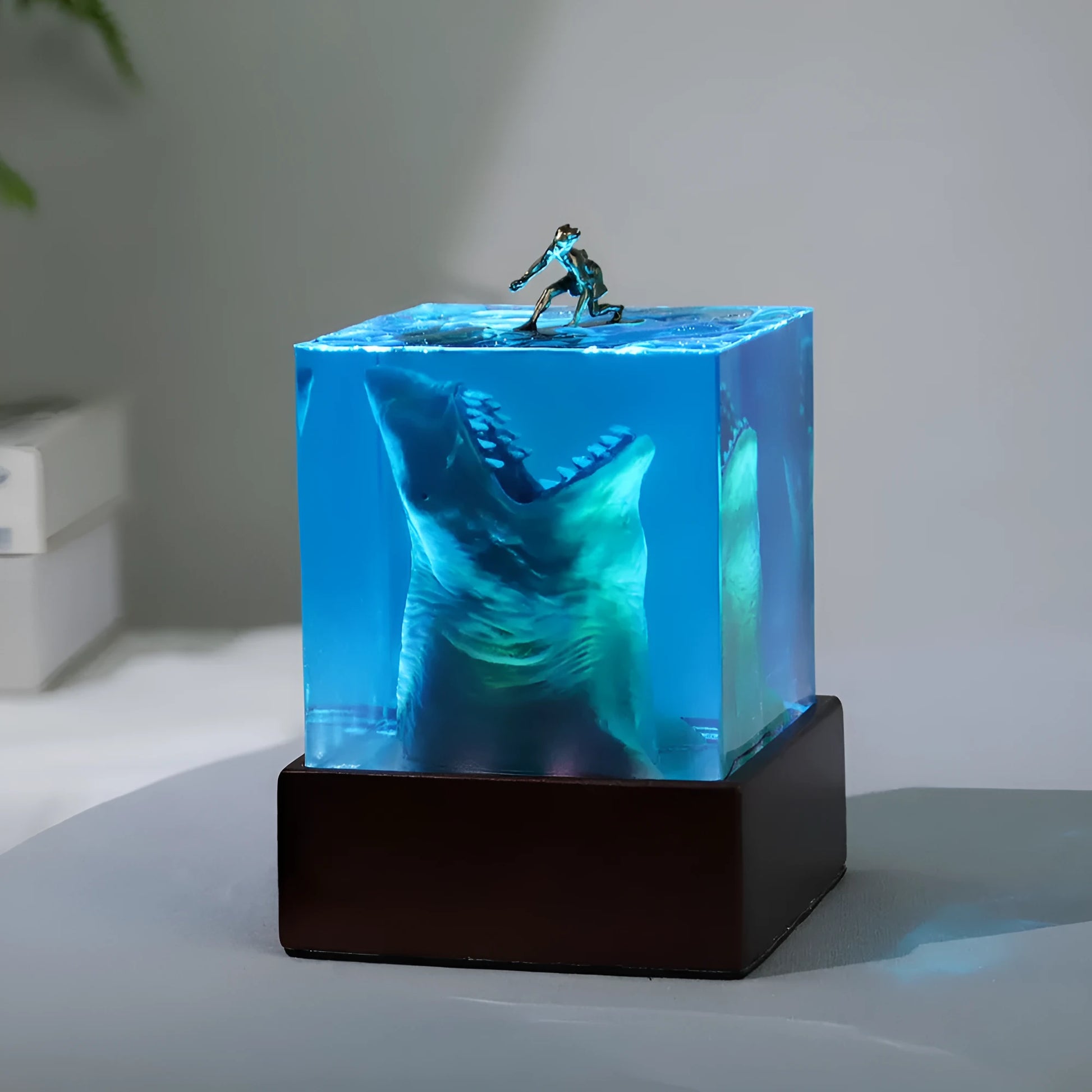 Ocean shark surfer scene resin night light in 5cm and 8cm size options