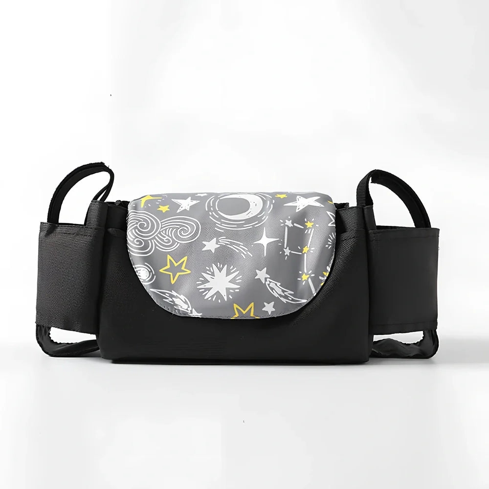 Baby stroller organiser with cup holder mounted on pram pole showing storage compartments