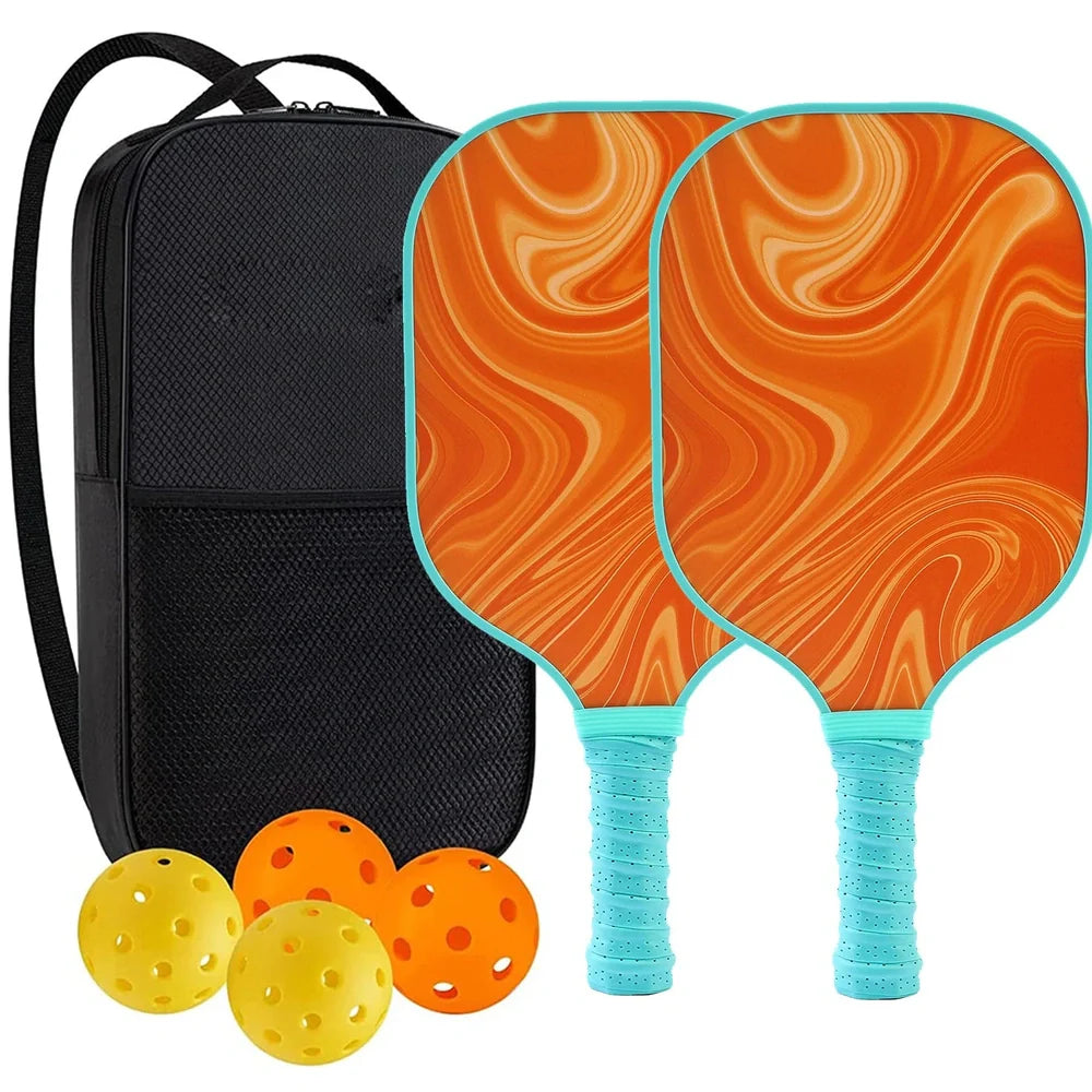 Peak Racket fibreglass squash set showing two rackets and four balls for complete playing equipment