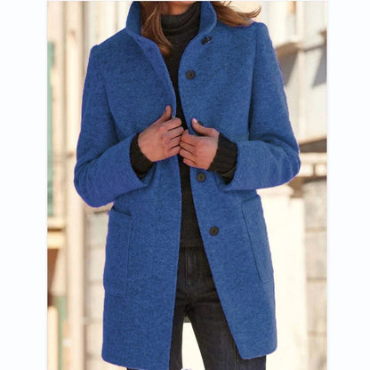 Fashionable woolen coat with stand collar, pockets, and button closure for women's fall and winter outerwear