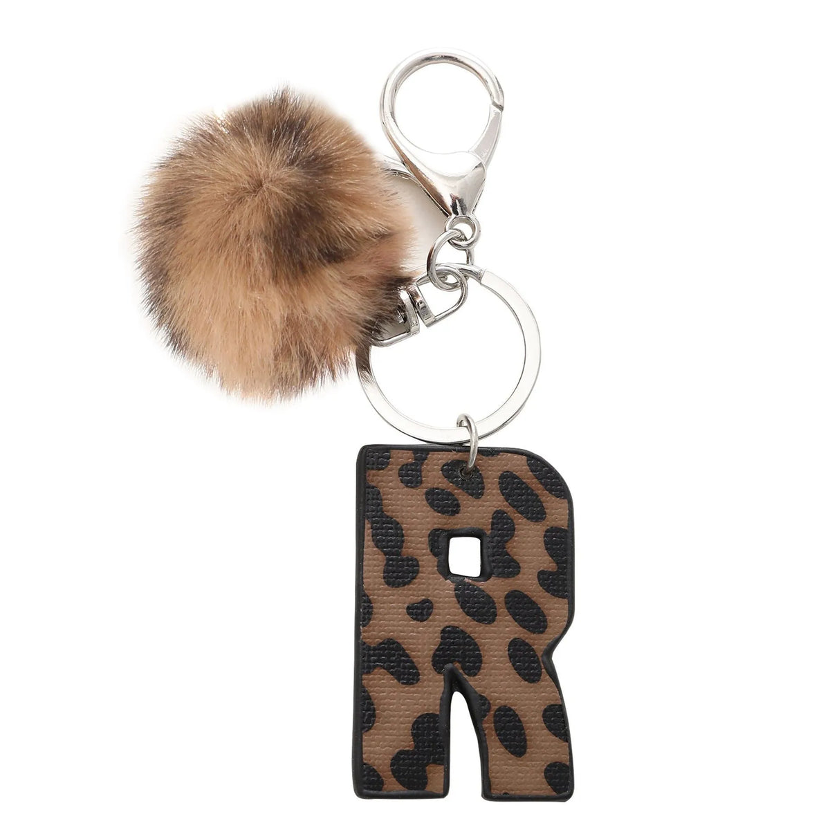 Leopard-print artificial leather keychain with oil-edged acrylic letter and included key ring, retro style