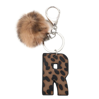 Leopard-print artificial leather keychain with oil-edged acrylic letter and included key ring, retro style