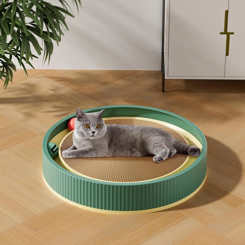 Large cat scratching board with refillable cardboard core and built-in ball toys: a 45cm diameter scratching surface that withstands daily use and reduces furniture damage by providing a dedicated scratching area for indoor cats up to 15lb.