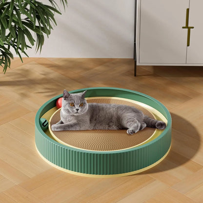 Green cat scratching board with 45cm diameter, high-density cardboard, and integrated ball toys for indoor cats