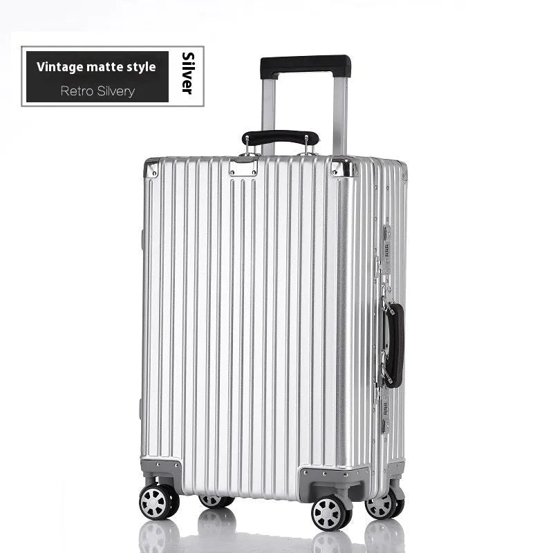 Aluminum frame 20 inch suitcase with universal wheels, box lock and retro frosted finish