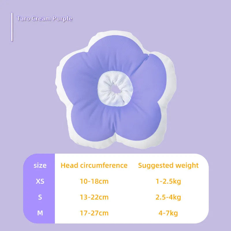 Cat wearing flower-decorated cotton neck collar in adjustable design for recovery use