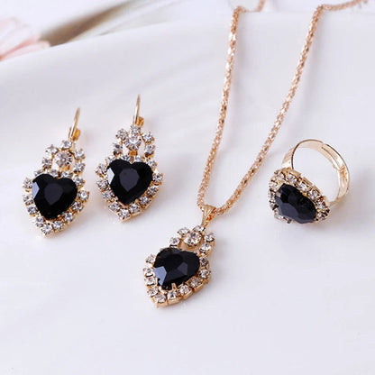 Elegant water drop rhinestone necklace, earrings, and ring set in various colors