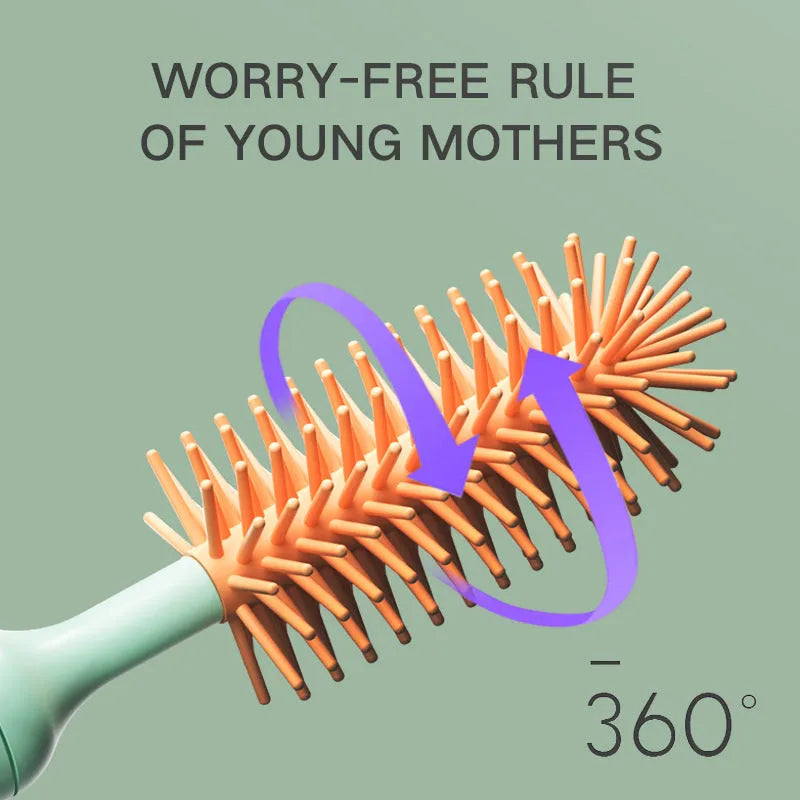 Electric baby bottle cleaning brush with rotating silicone head in pink or green colours