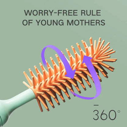 Electric baby bottle cleaning brush with rotating silicone head in pink or green colours