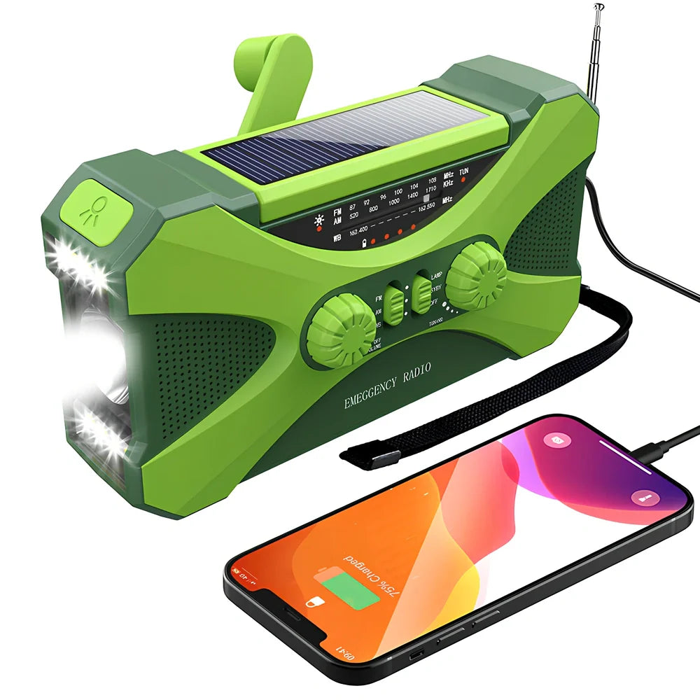 Green 3-in-1 portable emergency radio with hand crank, solar panel, reading lamp, and telescopic antenna