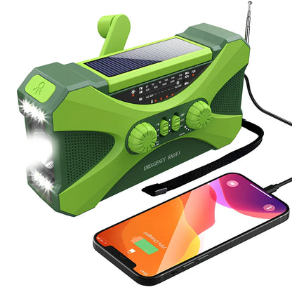 Green 3-in-1 portable emergency radio with hand crank, solar panel, reading lamp, and telescopic antenna