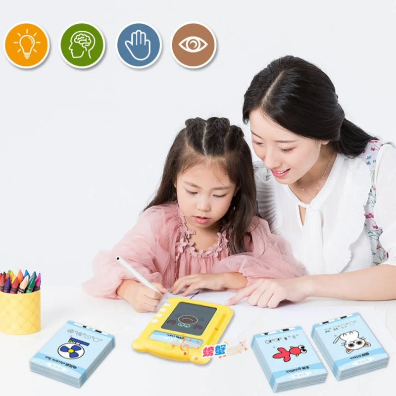 Educational bilingual card early education learning machine with 50 or 100 cards, yellow ABS host measures 254mm x 180mm x 50mm, using 3 AAA batteries to train emotion, hearing and parent-child communication for toddlers.