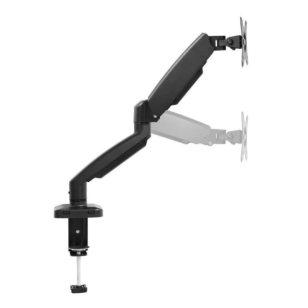 Black rotating telescopic LCD screen bracket elevated on a table.