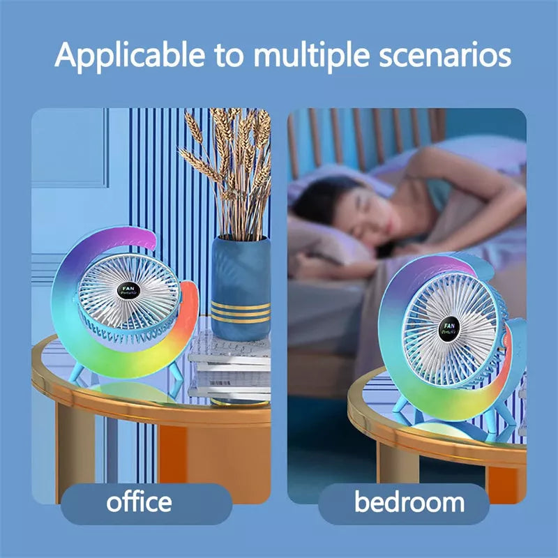 Bright Night Light Charging Fan with USB portability and colorful ambient lights