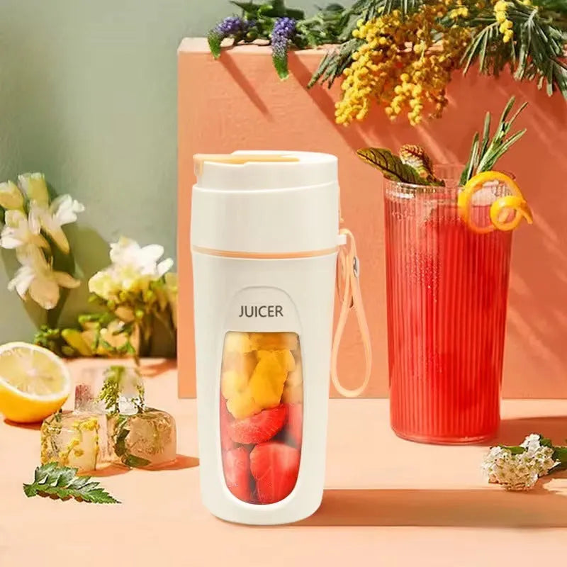 USB rechargeable portable juicer cup with glass liner in grass green, light purple, or fresh orange.