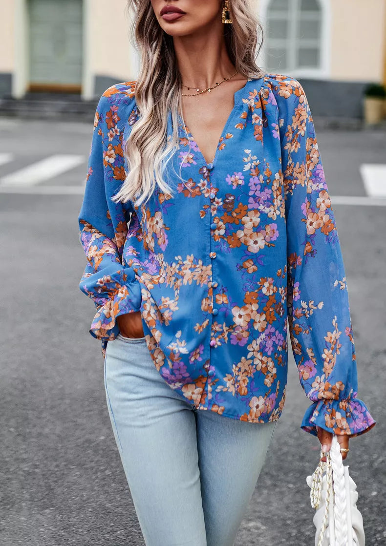 Women's floral print V-neck long sleeve chiffon blouse in black, blue, and apricot