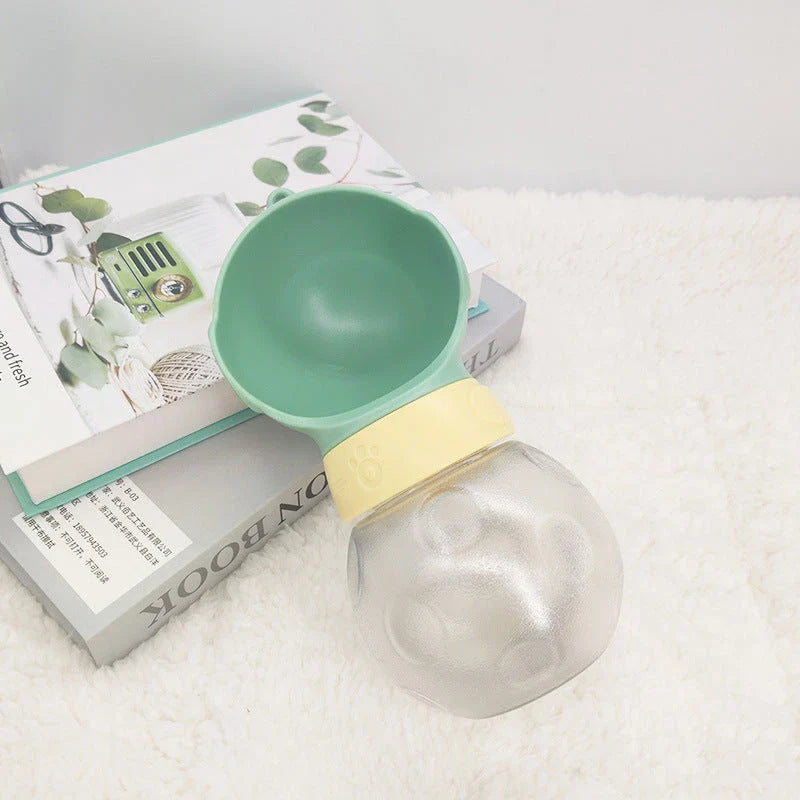 Portable, leak-proof pet water bottle and food bowl for hydrating and feeding pets during outdoor adventures