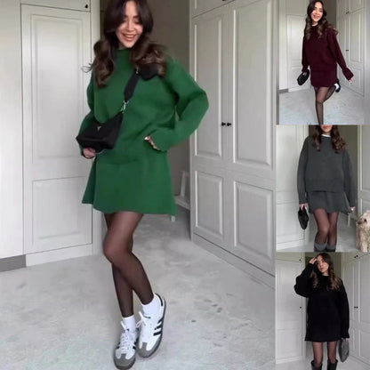 Stylish two-piece knit sweater and mini skirt set for women in a variety of classic colors