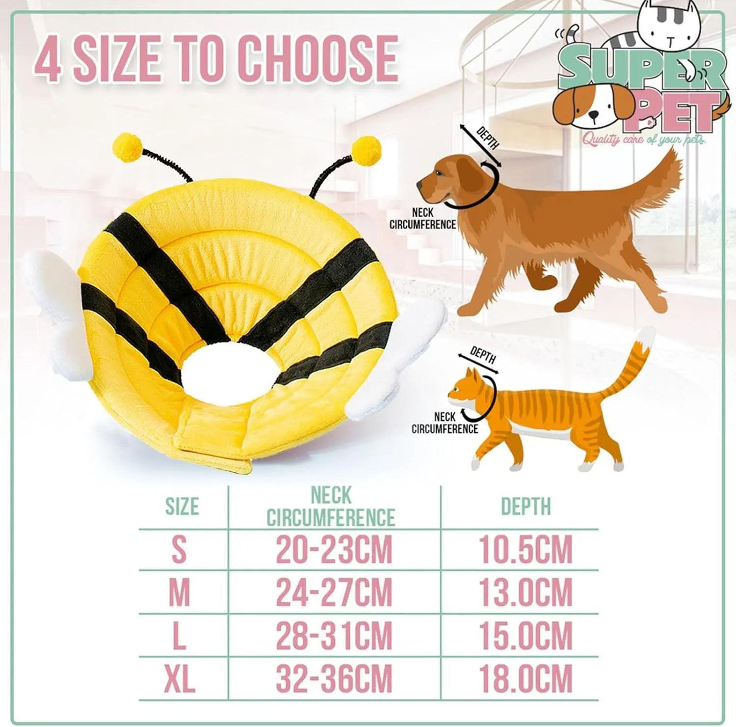 Soft fabric cat cone collar with cute bee design and Velcro closure on a table