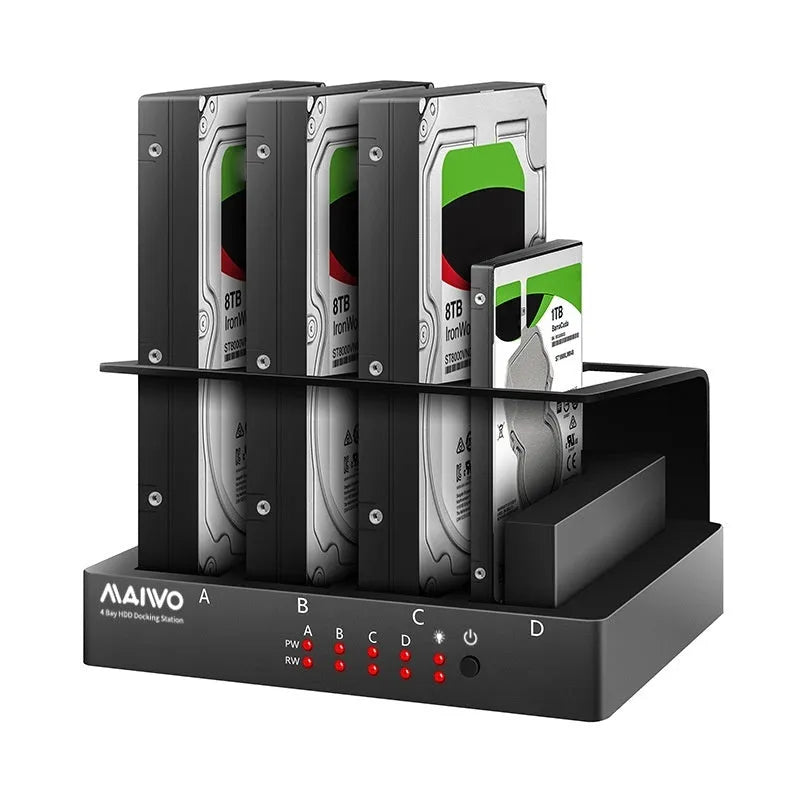 K305BU3S four-bay external hard drive docking station with four 2.5-inch SATA drives inserted, showing front power switches.