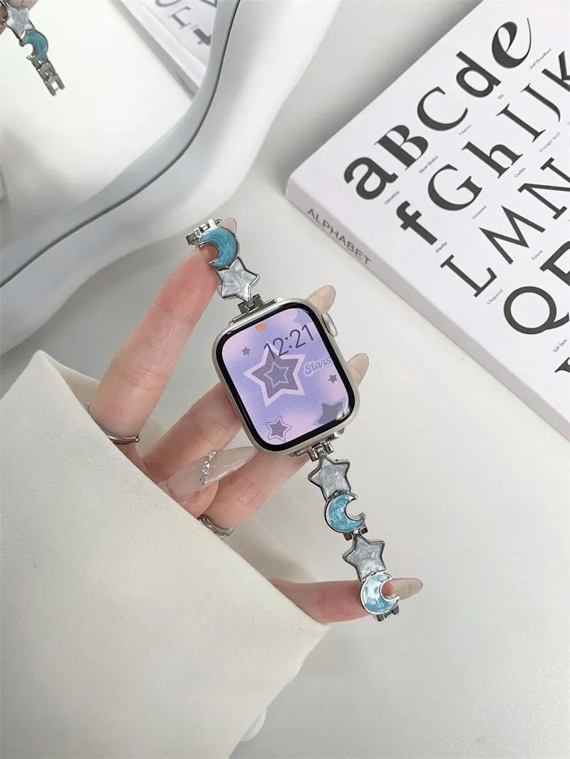 Metal chain Apple Watch strap with snap button, shown in star and moon colour options and two size ranges