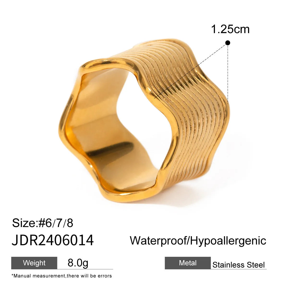 Stainless steel geometric wave ring with 8mm wide band and electroplated finish