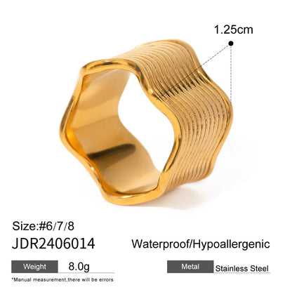 Stainless steel geometric wave ring with 8mm wide band and electroplated finish