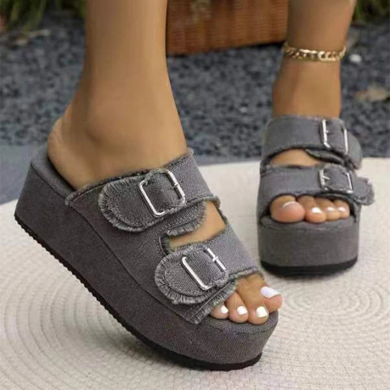Women's denim buckle wedge sandals with thick foam sole in multiple colors