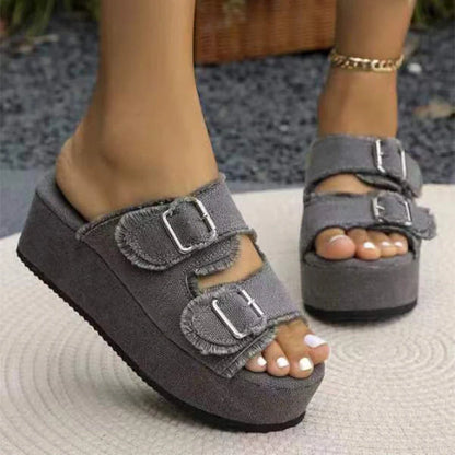 Women's denim buckle wedge sandals with thick foam sole in multiple colors